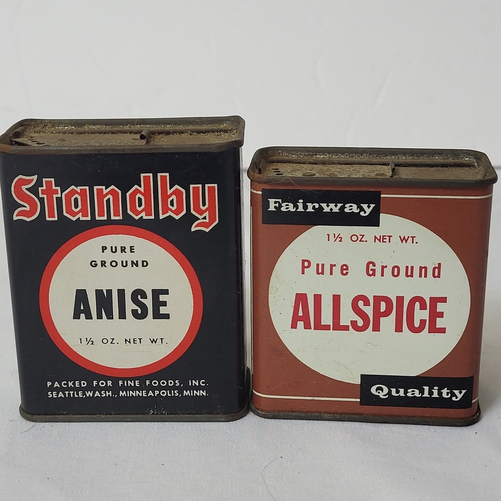 Vintage Metal Spice Tins 40s 50s  Standby Anise Fairway Foods Allspice Canco